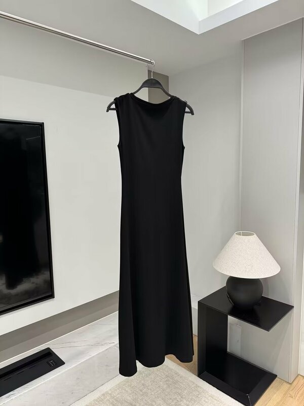 Gaun Midi kerah bulat hitam modis baru musim panas wanita gaun Midi berlipat terbungkus serbaguna gaun Mujer wanita tanpa lengan Retro