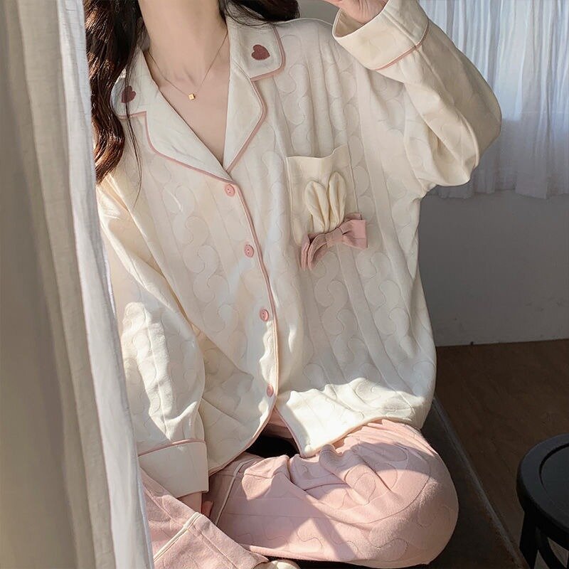 2024 New Pajamas Women Spring Autumn Pure Cotton Cardigan Cute Girls Nightclothes Sets Casual Simple Loose Female Homewear Suit