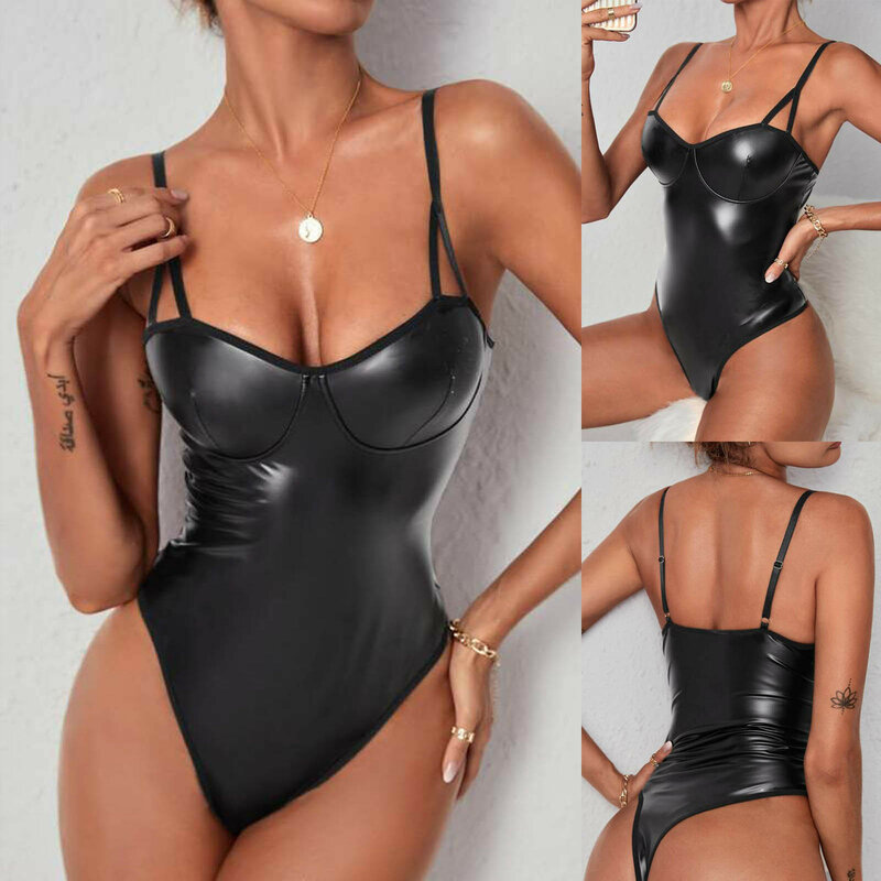 Latex Bodysuit Sexy Lace Up Hollow Tops Black Patchwork Fetish PU Body Sissy Leather Crotchless Tight Clubwear One-Piece Suit