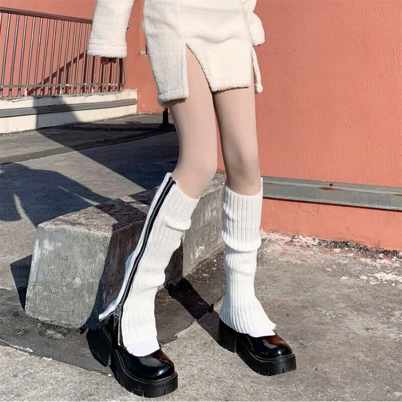 Moda Gothic Punk żebrowane ocieplacze do nóg z dzianiny Harajuku boczny zamek błyskawiczny w górę jednokolorowe skarpetki damskie Student kolana na wysokiej stopce okładka
