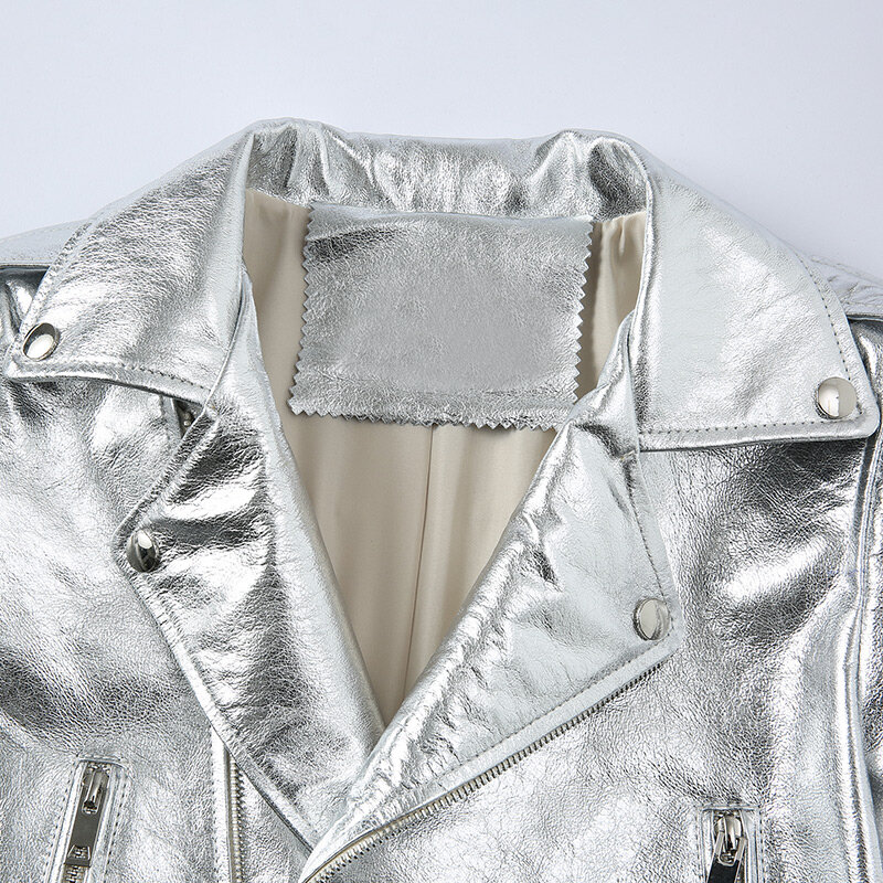 2023 Lady giacche in pelle argento moto vera pelle di pecora antivento solido riflettente corto Biker cappotto cerniera Streetwear FG5159