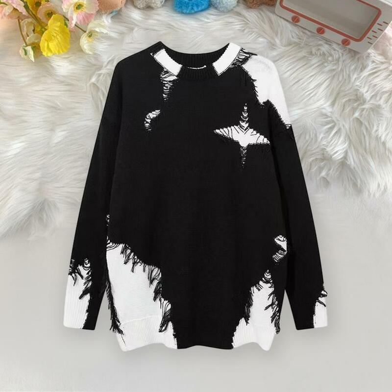 Casual Tassel Sweater Stylish Women's Fall Winter Sweater with Ripped Tassel Detailing Color Matching Round Neck Soft Warm for A