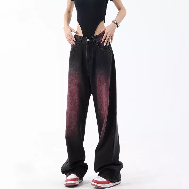 Celana panjang Denim kaki lebar wanita, Jeans longgar berpanel desain kreativitas kasual musim panas populer Hipster Streetwear Retro