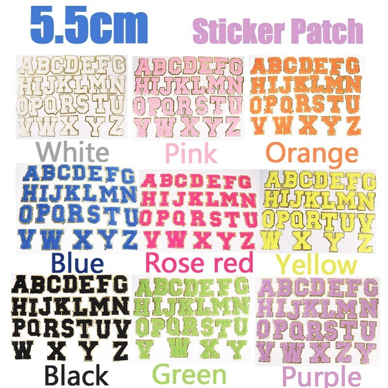 Toppe di lettere inglesi di colore A-Z 5.5cm per la borsa di abbigliamento toppe di lettere glitterate Stick su Applique di ricamo lettere dell'alfabeto