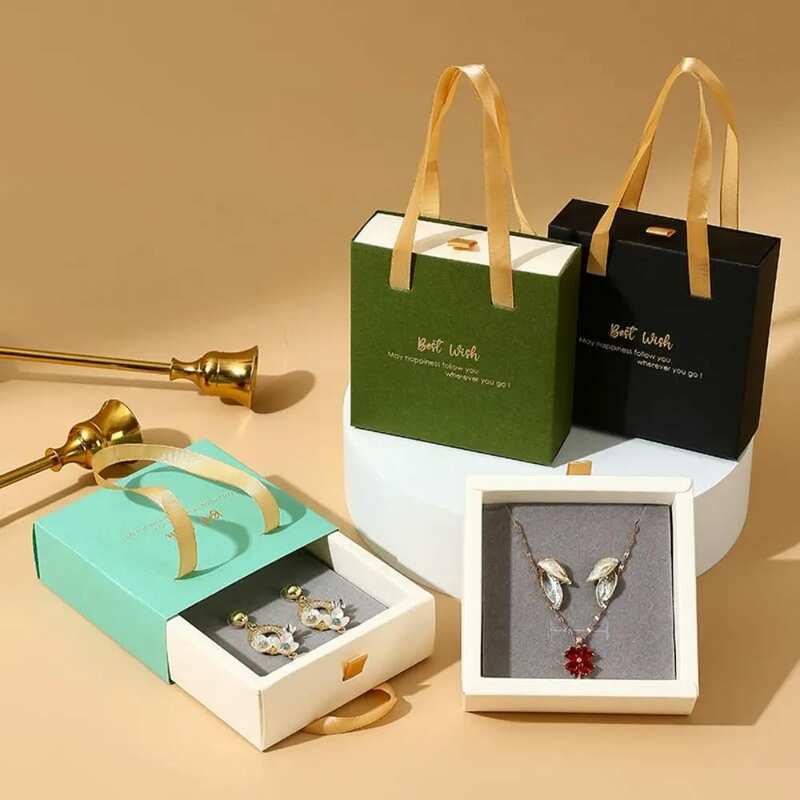 Boîte à bijoux en papier avec poignée, freins de collier, rangement coulissant, emballage, mariage, voyage