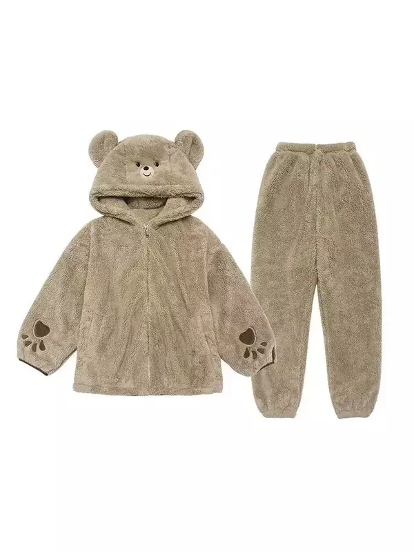 2024 autunno/inverno nuovo pigiama con cappuccio donna manica lunga flangia cartone animato orso addensato Homewear signore peluche Set