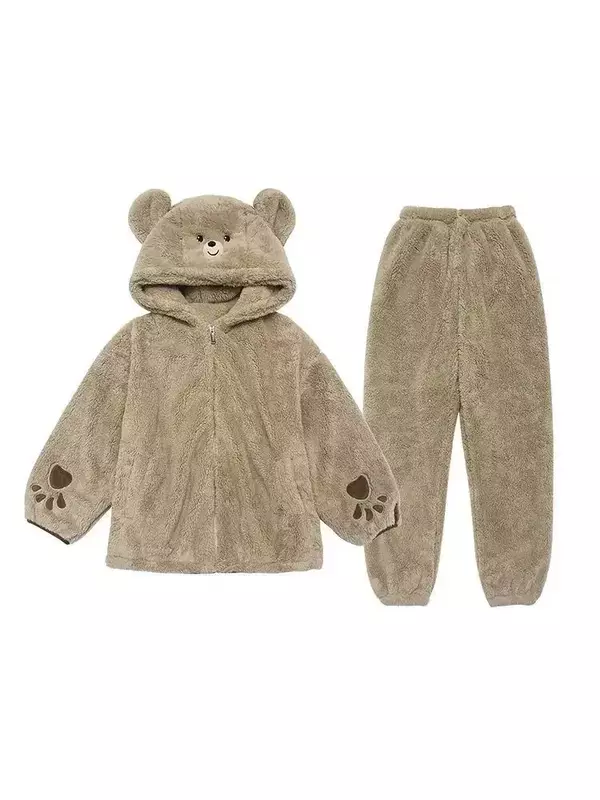 2024 Herbst/Winter neue Kapuzen pyjamas Frauen Langarm Flansch Cartoon Bär verdickt Homewear Damen Plüsch Set