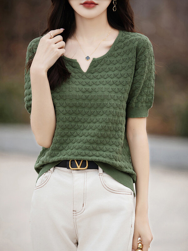 Bawełniany sweter z krótkim Hollow24SummerTT-shirtvCollar rękawem damski plus Size