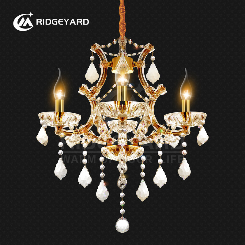 Ridgeyard 4 Lamp Crystal Pendant Light Gold Fixture Modern Pendant Crystal Chandelier for Bedroom Dining Room Living Room