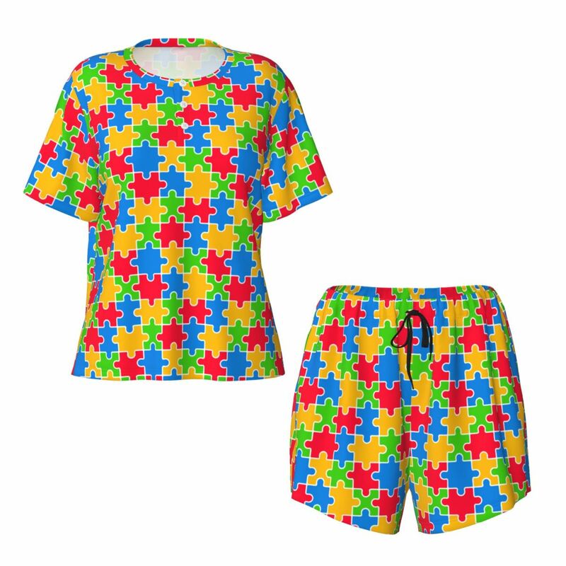 Conjunto de pijamas coloridos femininos, impressão personalizada, consciência do autismo, manga curta, pijamas de 2 peças, conjuntos lounge pijamas
