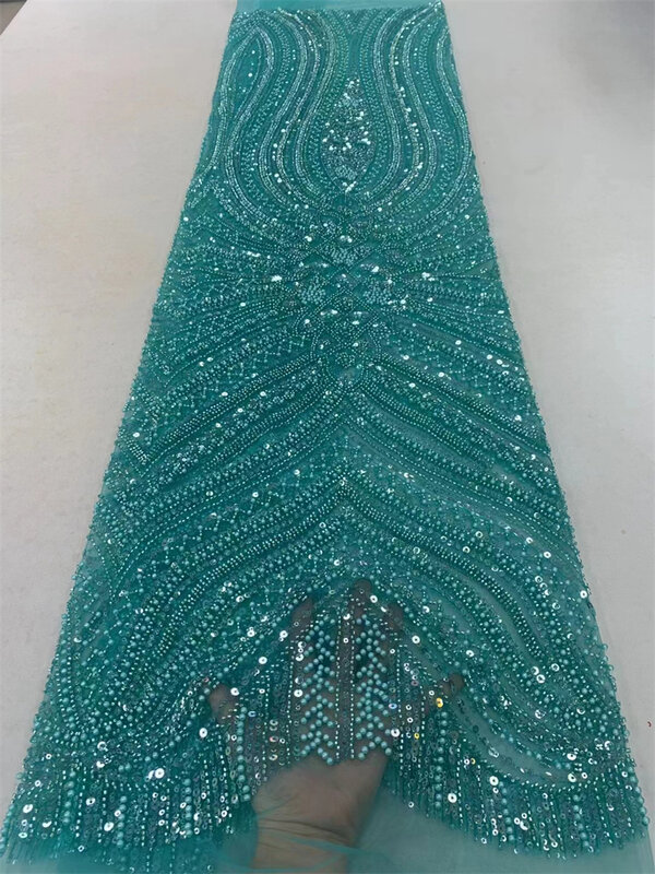 Tecido de renda com lantejoulas para costura, tule francês bordado, renda elegante, miçangas nigerianas e africanas, alta qualidade, 5 m, 2024