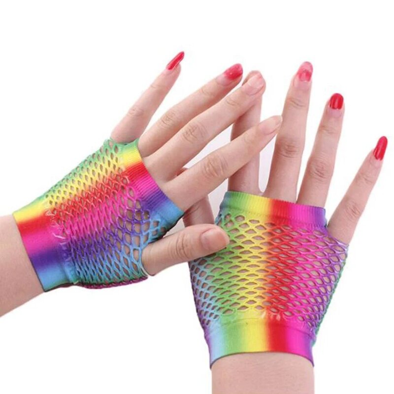 1pair/2pcs New Ladies Sexy Rainbow Color Mesh Net Fishnet Gloves Hollow Out Holes Fingerless Disco Dance Costume Half Mittens
