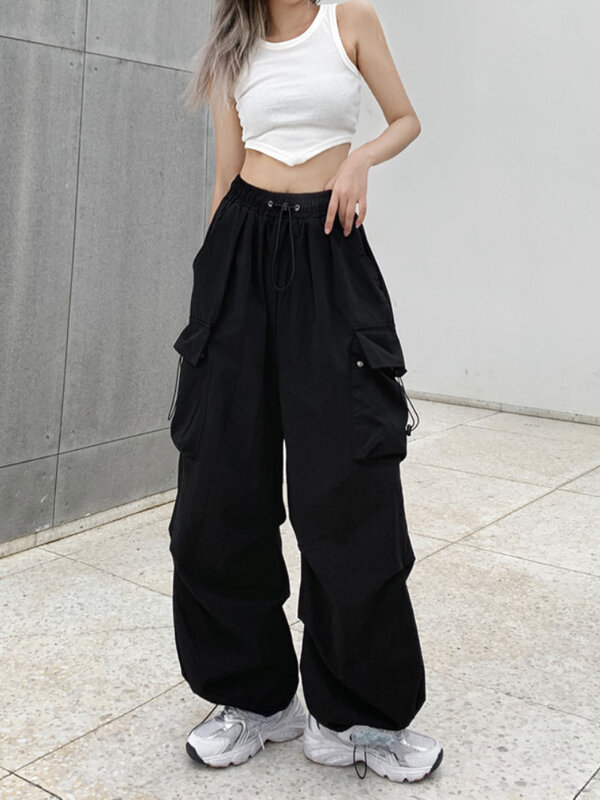 Harajuku baggy perna larga bolsos vintage carga calças com cordão de cintura alta streetwear feminino y2k coreano moda