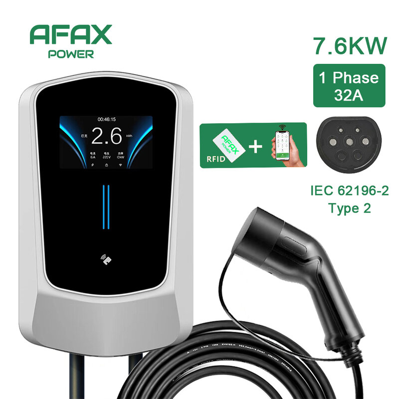 AFAX EV Charger Type2 32A EVSE Charging Cable Type2 7.6/11/22KW Type2 Cable EU Plug Controller Wallbox for Electric Car