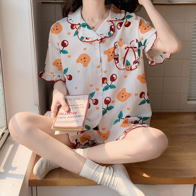 Dames Pyjama Sets Lente Zomer 2 Stuk Print Kersenpyjama Knopen Dwon Nachtkleding Korte Mouw Pijama Mujer Pjs Homewear