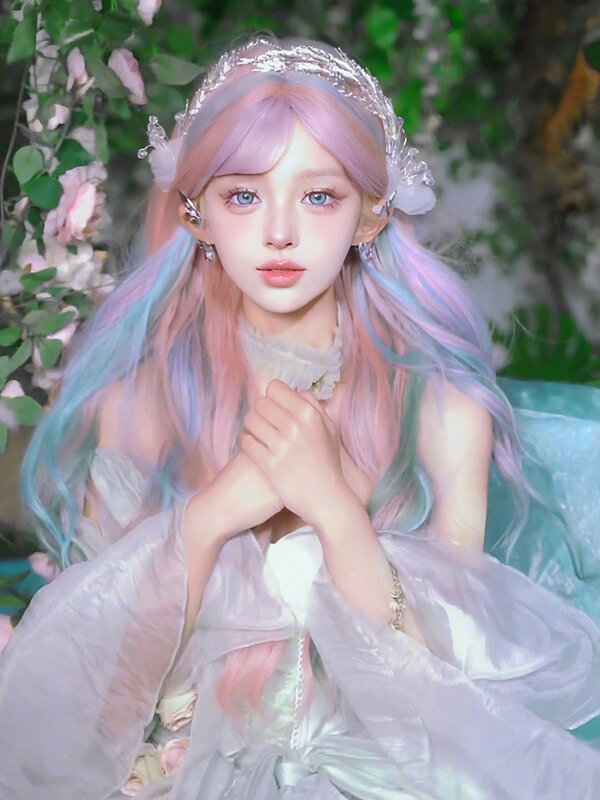 Cos peluca colorida para mujer, flequillo de cabeza completa teñido, pintura de París Lolita rosa y azul degradado de arco iris