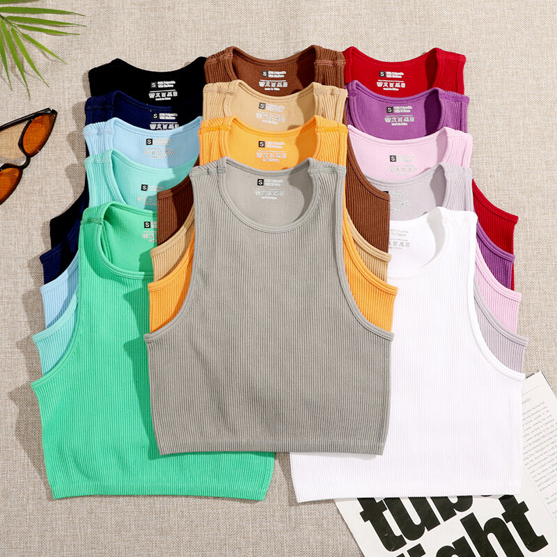 Crop Top donna Solid Basic t-shirt gilet Seamless Streetwear elastico a coste senza maniche canotte Casual femminili