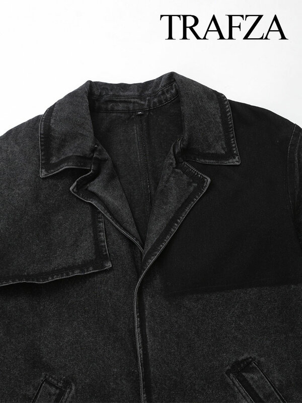 TRAFZA Spring Loose Street Black Denim Windbreaker For Women 2024 Long Sleeves Vintage Patchwork Distressed Lapel  Fashion Coats
