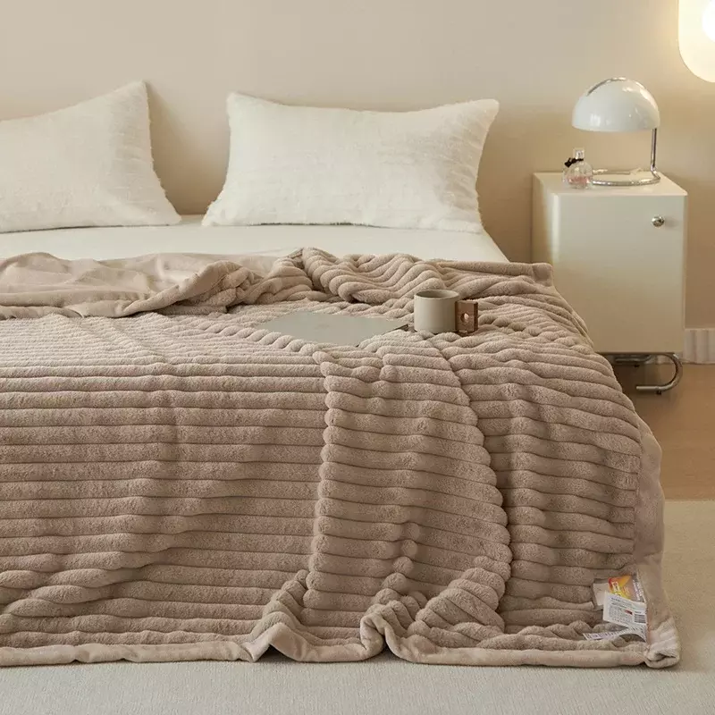 Cobertor grosso do inverno da pele do falso, roupa de cama macia, cama do microfiber, tampa da cama do luxuoso, listra larga, luxuoso, macio, moderno