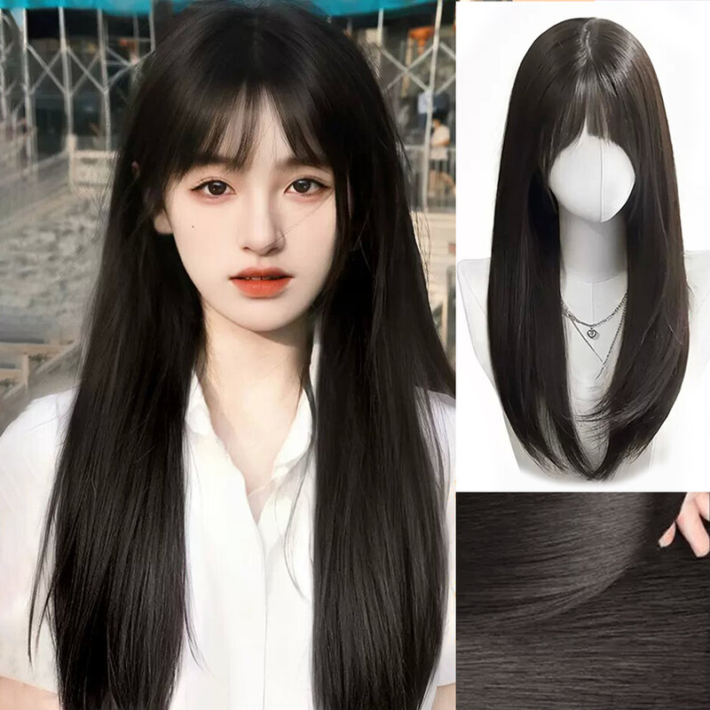 ALXNAN HAIR Synthetic Long Straight Wigs with Bangs Black Cosplay Party Lolita Hair Wigs for Women Natural Heat Resistant Wig