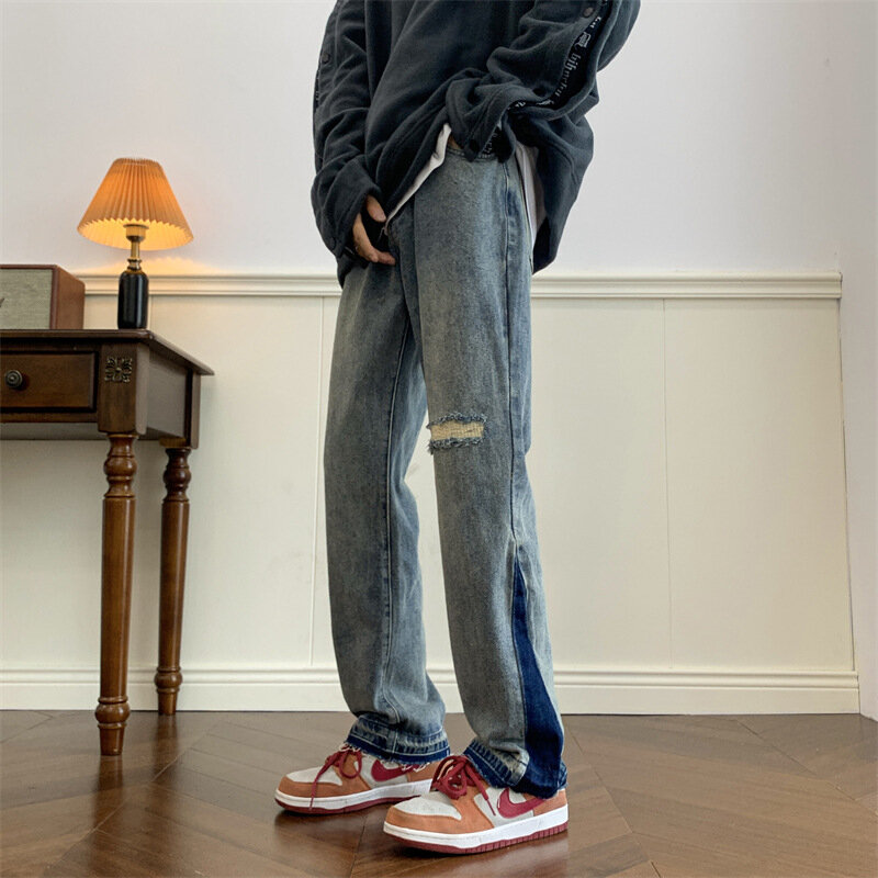 Модные брендовые мужские джинсы в гонконгском стиле Instagram повседневные широкие брюки свободные перфорированные красивые универсальные прямые брюки