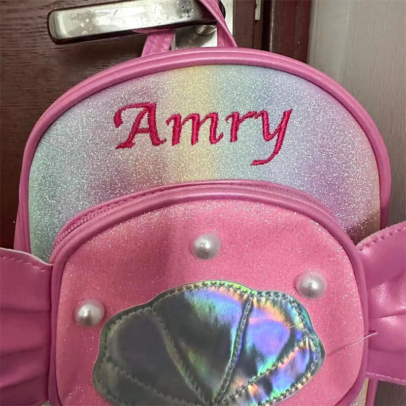 어린이용 맞춤형 작은 가방, 유치원 귀여운 소녀 PU 날개 배낭, 이름이 새겨진 맞춤형 공주 여행 배낭