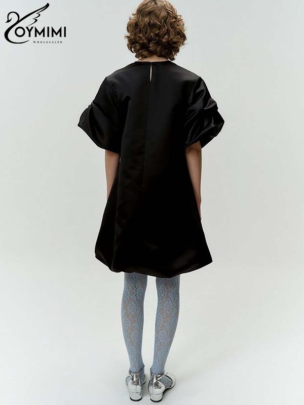 Oymimi lässig lose dunkelrosa Damen kleid elegante neue Puff ärmel solide O-Ausschnitt Kleider Mode Knopf Mini kleider Streetwear