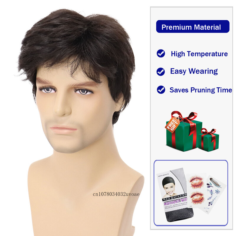 Short Wigs for Men Synthetic Hair Daily Use Dark Brown Wig with Bang Halloween Costume for Man Wig Carnival Party Heat Resistent