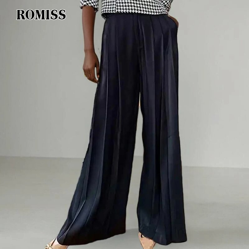 ROMISS Solid Elegant Pants For Women High Waist Full Length Patchwork Pleated Temperament Pant Female Fashion Clothing New