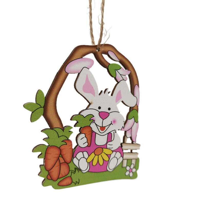 Liontin dekorasi rumah kelinci kartun Paskah, liontin kerajinan kayu