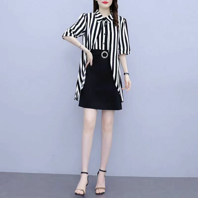 Ladies Ladies Korean Office Lady Simplicity Striped Patchwork POLO Collar Short Sleeve Women Clothes Fake Two Pieces Midi Dress