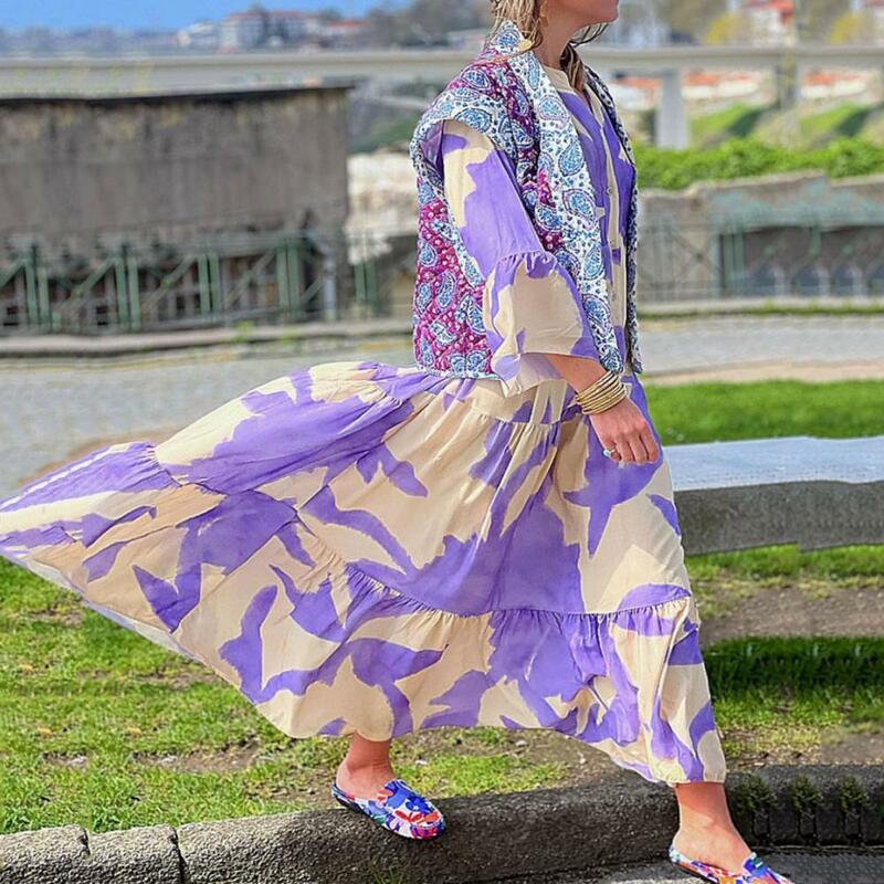 Frauen böhmischen langen Kleid böhmischen Stil Maxi kleid mit farblich passenden Druck plissierten Patchwork für Sommer Frauen übergroß