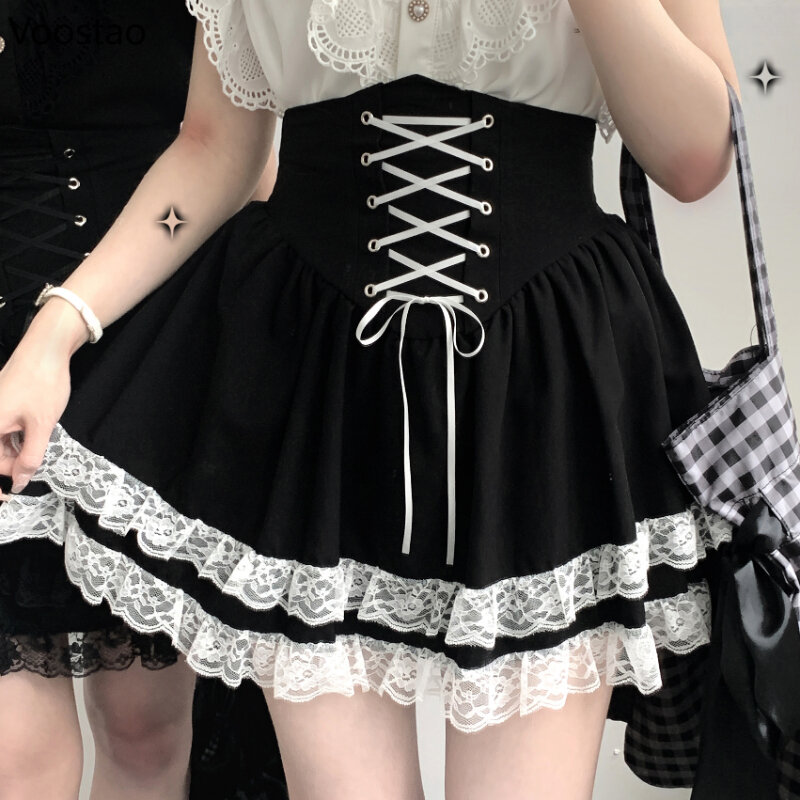 Mini saia gótica estilo lolita para mulheres, plissado de renda, saias bandagem para bolo de festa, saia vintage punk kawaii para meninas, doce japonês Y2K