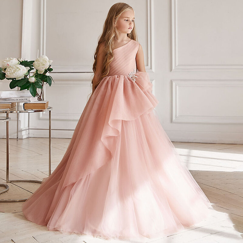 Kwiatowa dziewczynka sukienki na ślub 2023 jedno ramię suknia linia długa aplikacja marszczona sukienka urodzinowa księżniczki