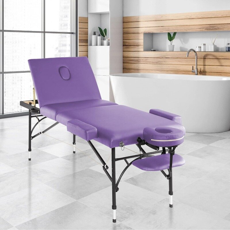 Professional Portable Lightweight Tri-Fold Massage Table with Aluminum Legs - Includes Headrest, Face Cradle, Armrests