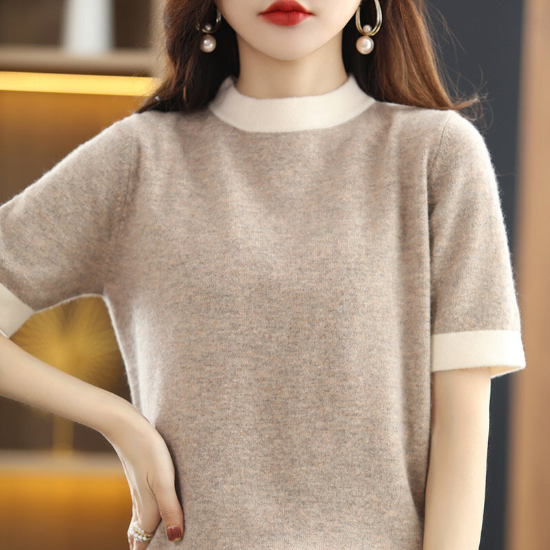 Sweater Women's T-Shirt Spring Summer New100% Wool Round Neck Color-Blocking Pullover Short-Sleeved Loose Knitted All-Match Base