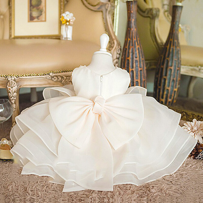 2024 weißes Kleid Host elegante U-Ausschnitt Blumen mädchen Kleider für Mädchen Prinzessin Luxus Geburtstags feier Kleid mit Satin Schleife
