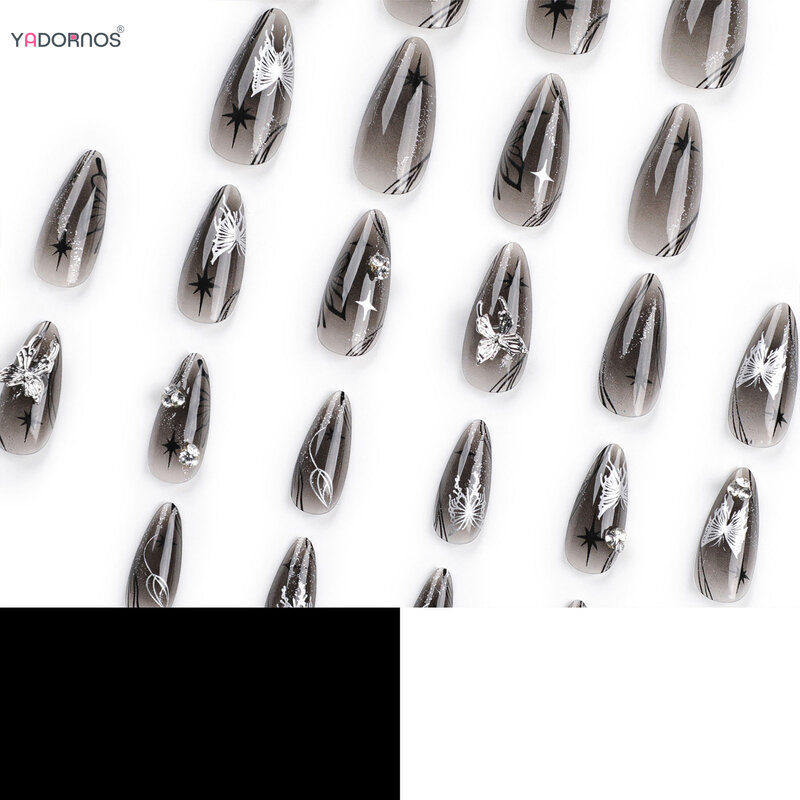 24 buah Almond kuku palsu gradien hitam Tekan pada kuku kupu-kupu bintang dirancang Y2K gadis dapat dipakai ujung kuku palsu DIY manikur