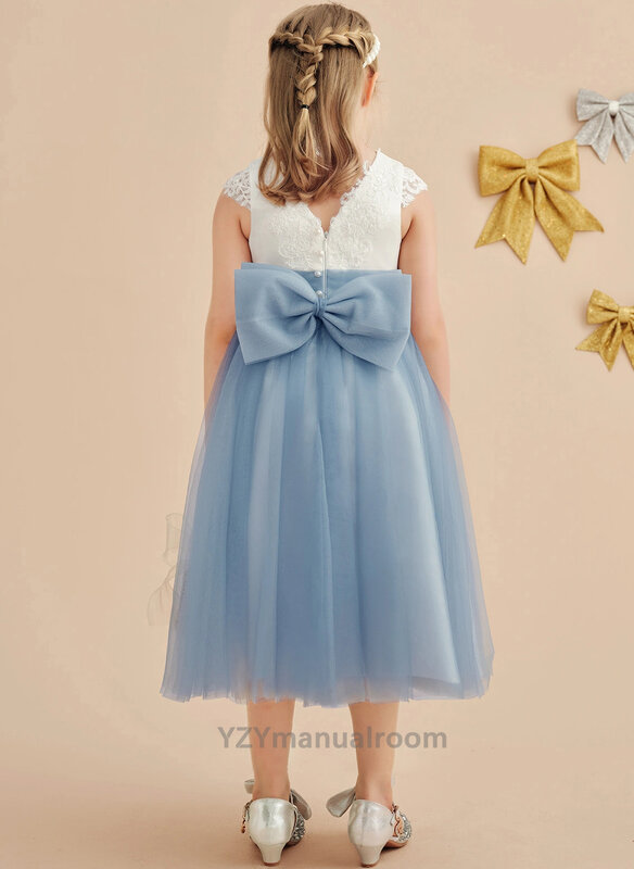 Gaun A-line renda panjang teh/Satin/gaun gadis bunga Tulle/gaun pesta pernikahan/gaun pengiring pengantin