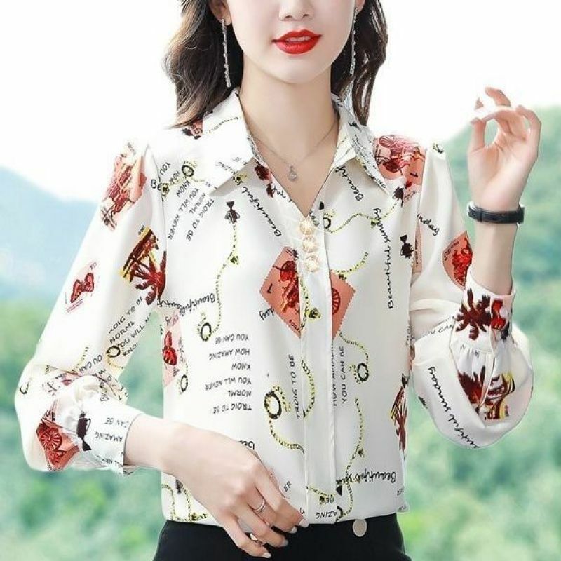 2024 Spring and Summer Minimalist Commuting Fashion Casual Loose Plus Oversize Exquisite Printed Long Sleeved Polo Collar Shirt