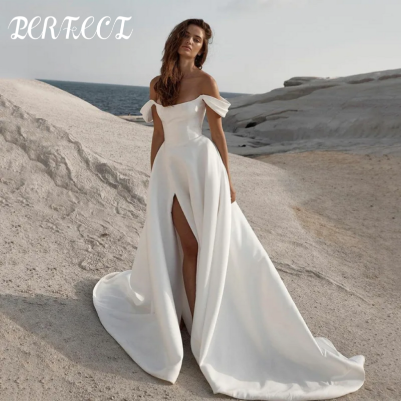 PERFECT Satin High Split A Line Wedding Dresses Sleeveless Off The Shoulder Bridal Gowns Long Train Wedding Party Gowns 2024