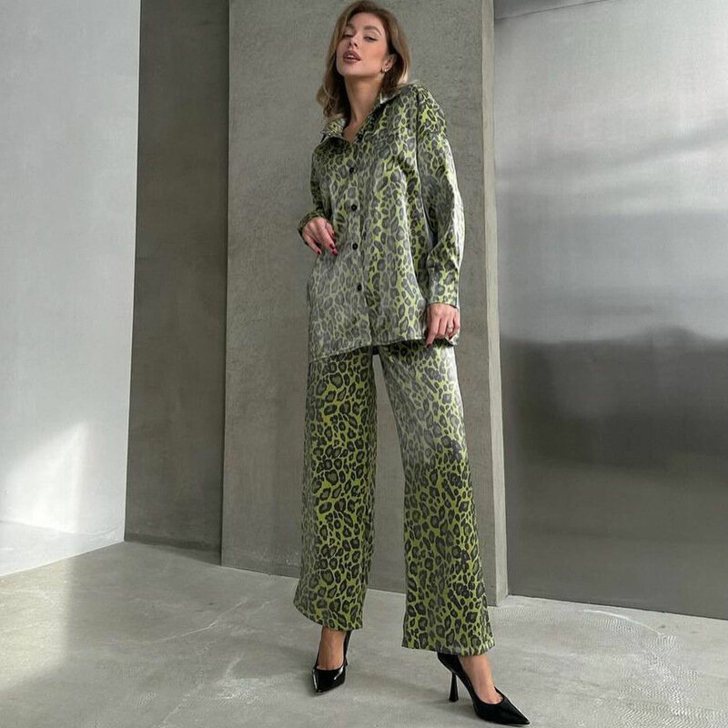 Mode braun Leoparden muster Set Pyjama für Frauen 2 Stück Seide Nachtwäsche Langarm Knopf Hemden Kordel zug Hosen Lounge Set