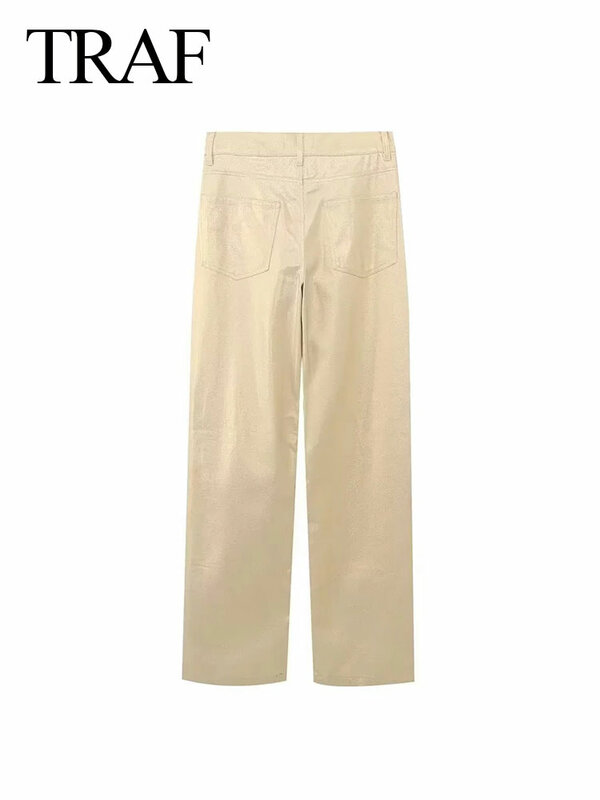 TRAF-Calças femininas de cintura alta, calças compridas soltas, bolsos com zíper, casual, versátil, monocromático, rua, feminino, 2024