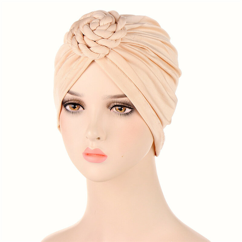 Turbante con nudo de trenzas para mujer, de Color sólido Hijabs, gorro musulmán suave, pañuelo para la cabeza, accesorios para el cabello 2024
