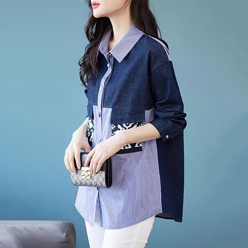 2024 Wiosna Lato Casual Denim Patchwork Shirt Women Korean Long Sleeve Loose New Versatile Coat Lady Fashion Stripe Blouse