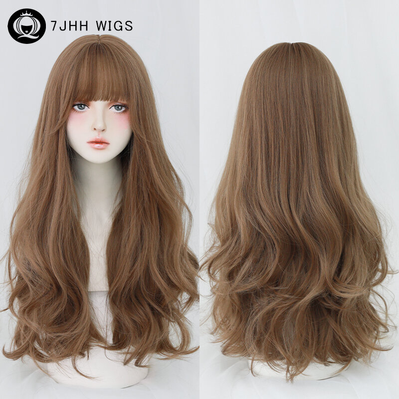 7JHH WIGS Routine Wig Synthetic Loose Body Wave Honey Brown Wigs with Neat Bangs High Density Wavy Brown Hair Wig for Women