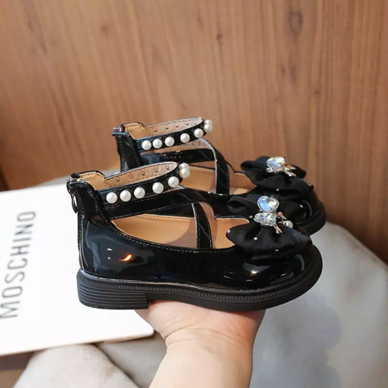 Children's Leather Shoes Lolita Style Princess Shoes for Girls Sweet Pearl Bowtie Kids Causal Dress Mary Jane Shoes for Party