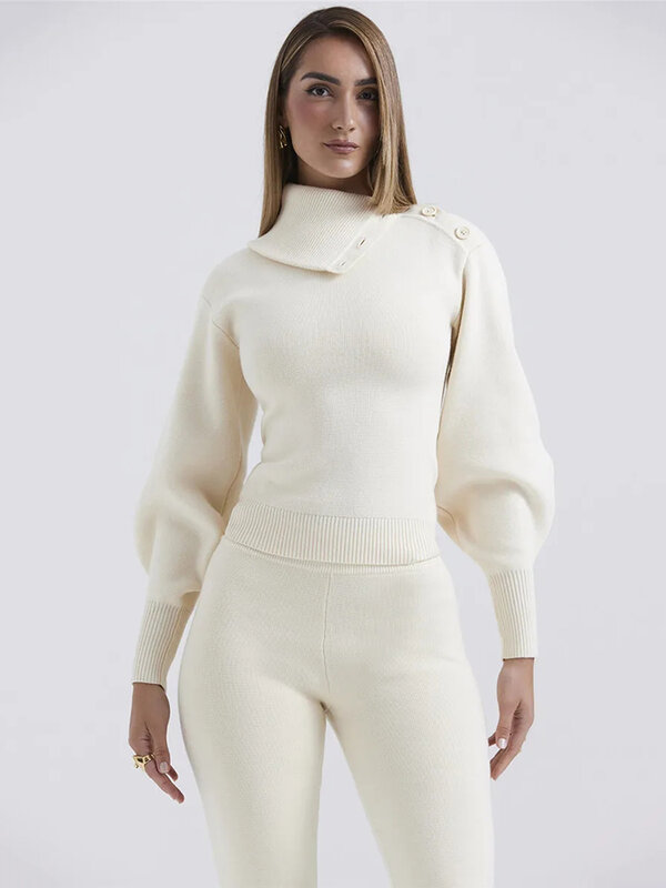 Mozision Sweater rajut wanita, dua potong setelan sweter pullover lengan panjang dan celana musim gugur musim dingin baru