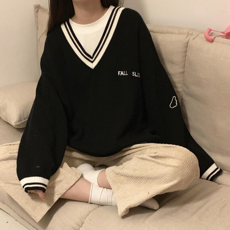 Sweaters Women Ulzzang Letter Chic Vintage V-neck Daily Preppy Girls Knitwear Fall Casual All-match Ins Long Sleeve Clothes Y2k