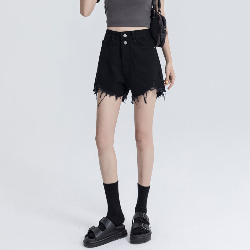 Black high-waisted double-button denim shorts female summer 2024 new burlap a word loose thin spicy hot pants